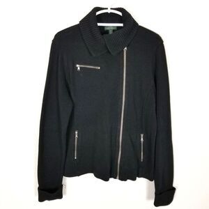 Lauren Ralph Lauren Women Knit Full Zip Cotton Sweater Jacket Size XL Black Moto
